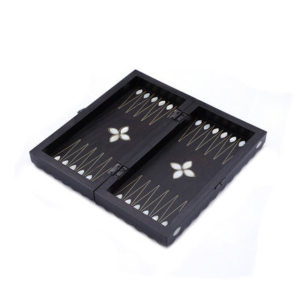 Mini Sedef Kakmalı Ahşap Tavla Seti – Dama Oyunlu Seyahat Tavlası 26 cm