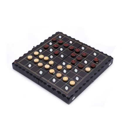 Mini Sedef Kakmalı Ahşap Tavla Seti – Dama Oyunlu Seyahat Tavlası 26 cm